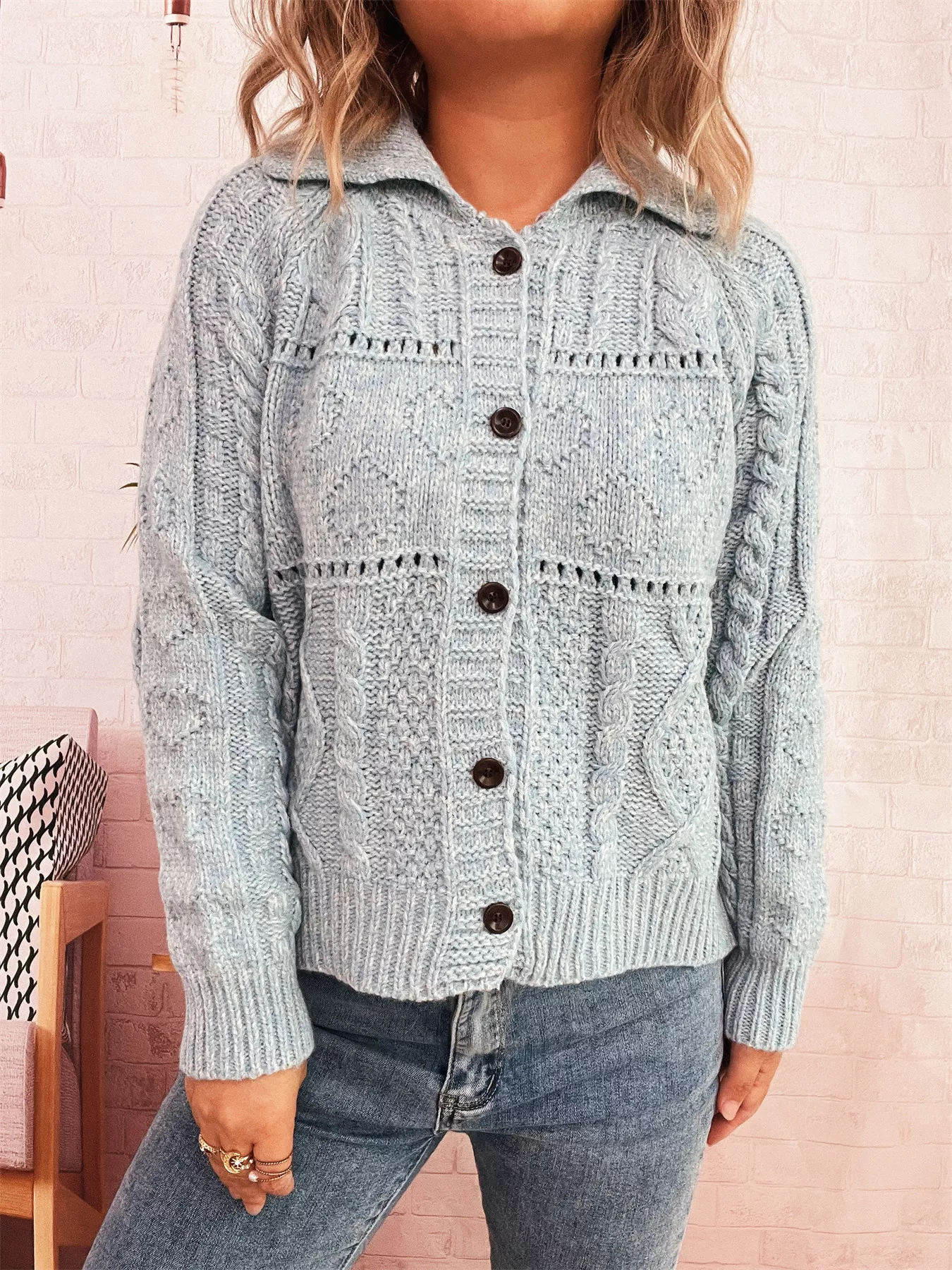 Openwork Cable Knit Button-Up Cardigan - Image 8