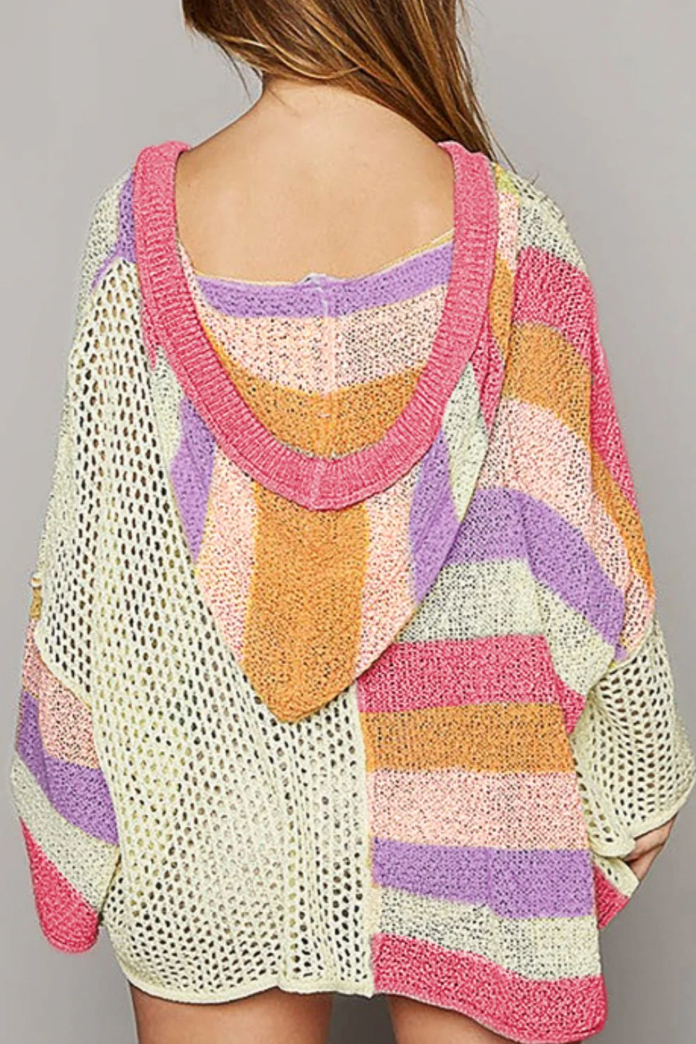 Openwork Color Block Hooded Sweater - Image 13