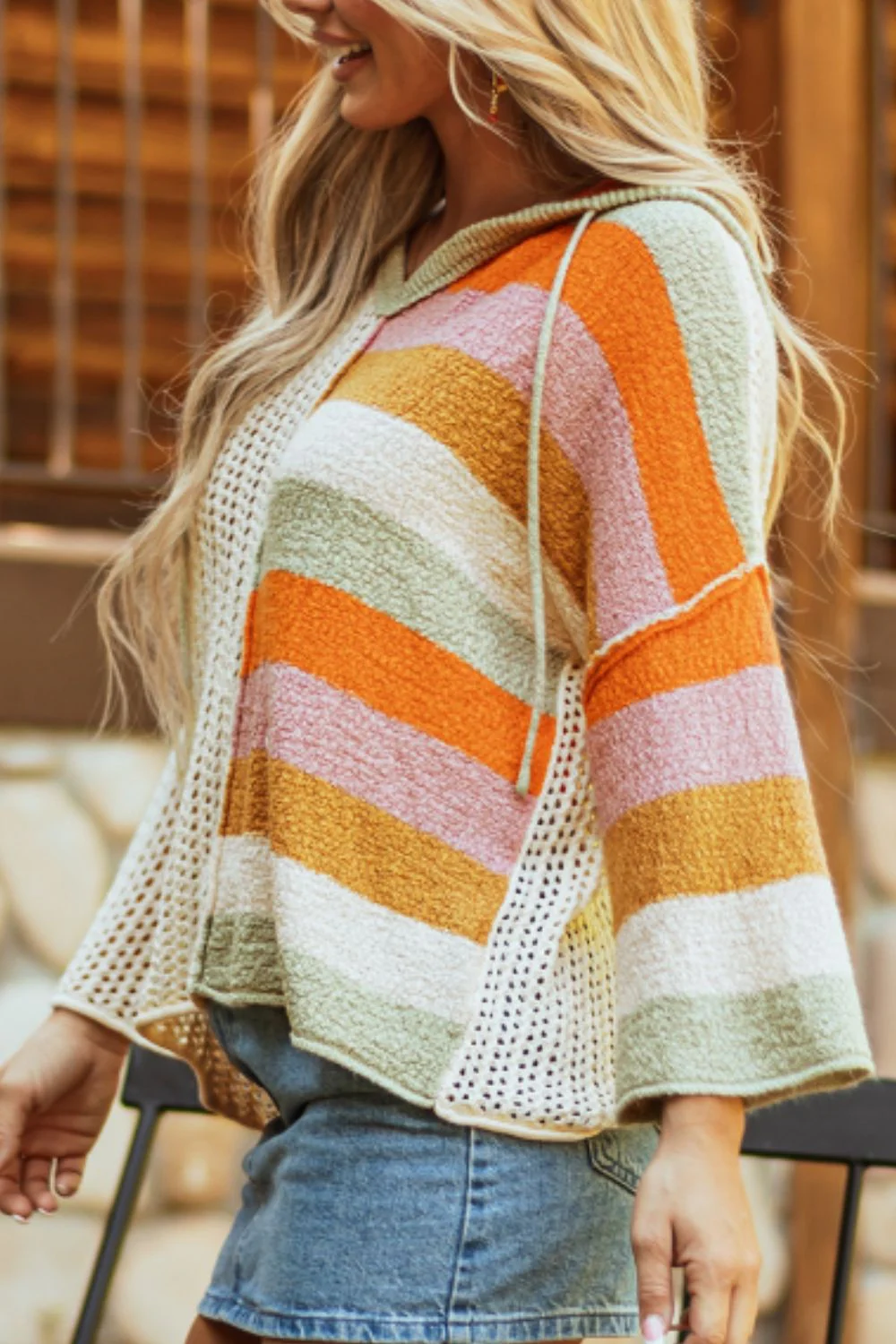 Openwork Color Block Hooded Sweater - Image 4