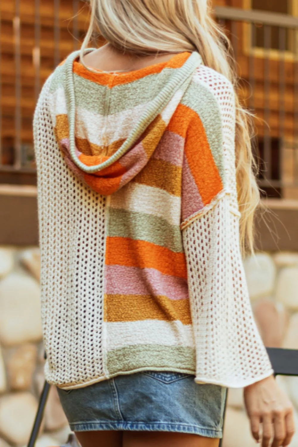 Openwork Color Block Hooded Sweater - Image 5