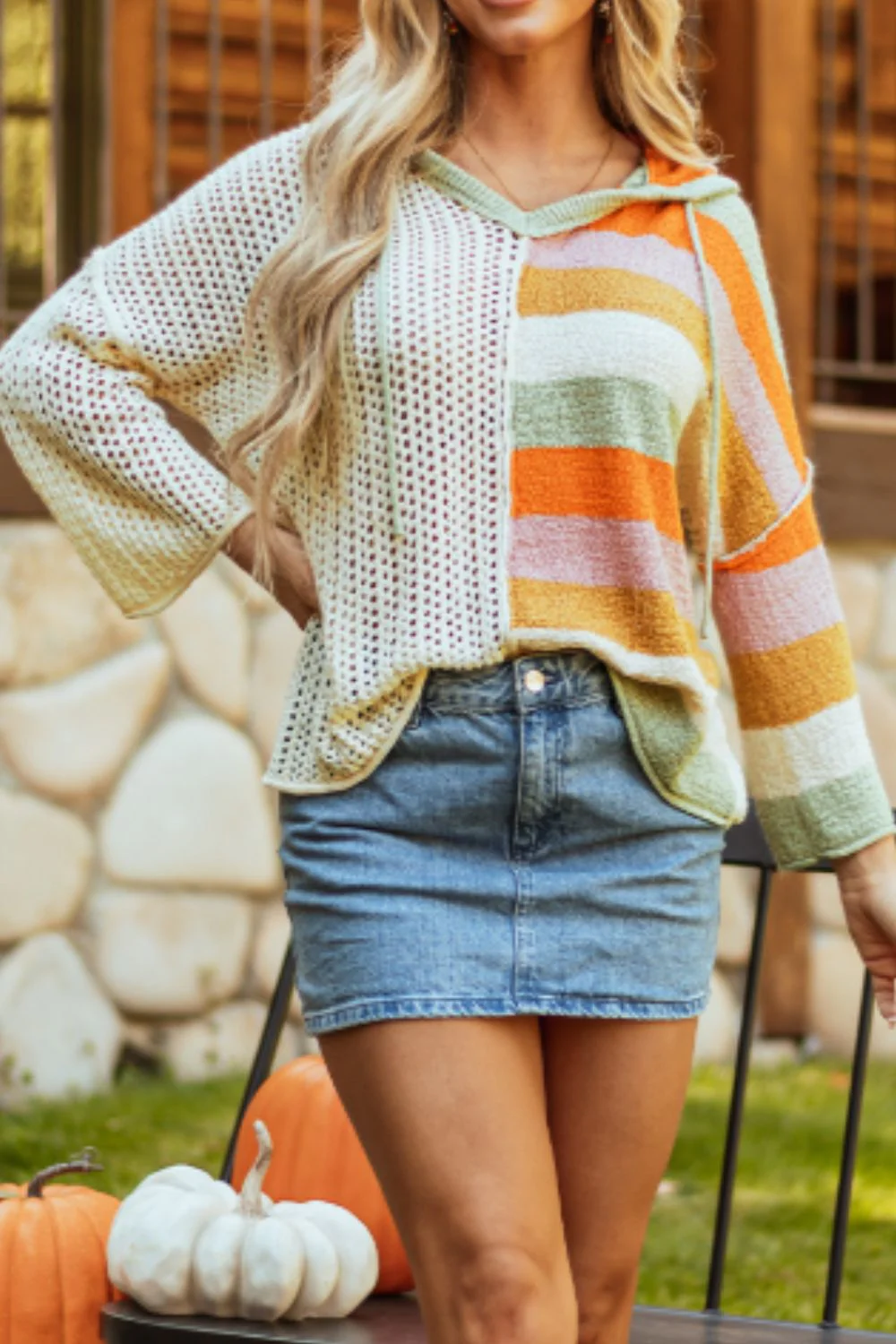 Openwork Color Block Hooded Sweater - Image 6
