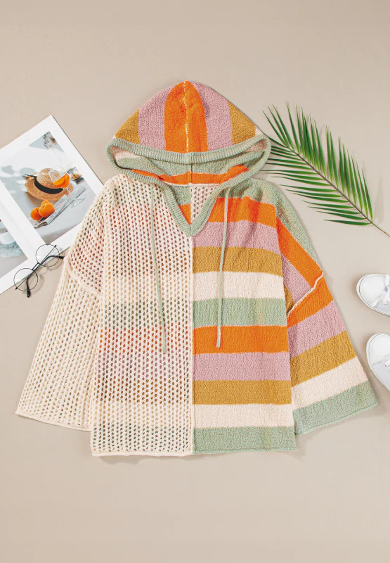 Openwork Color Block Hooded Sweater - Image 7