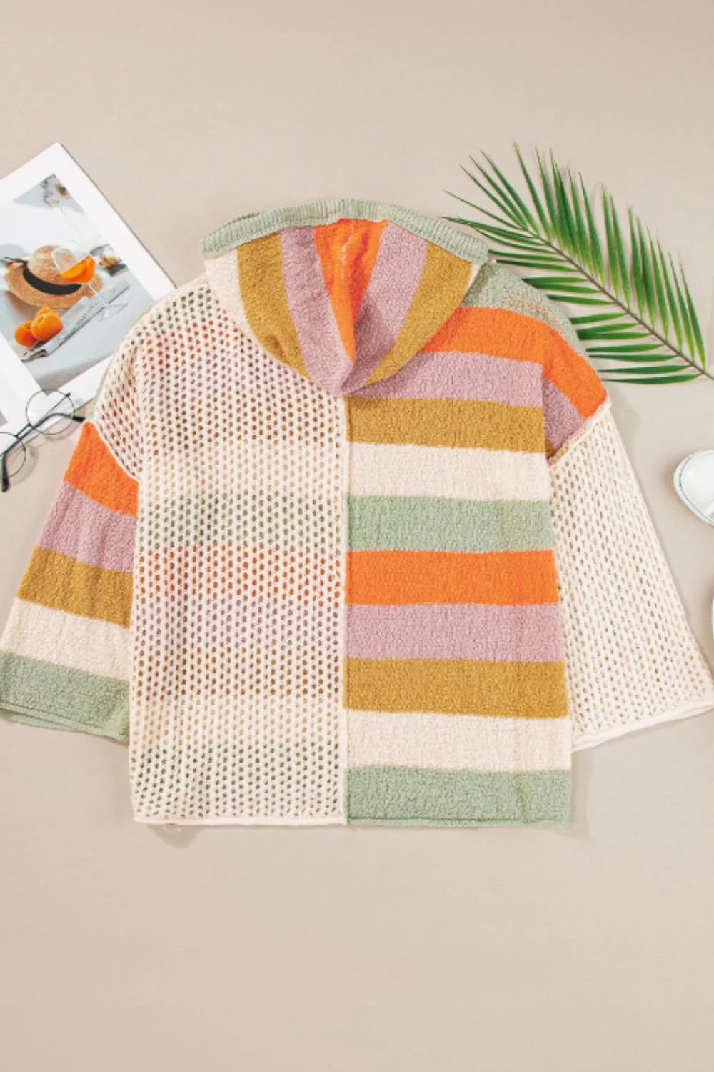 Openwork Color Block Hooded Sweater - Image 8
