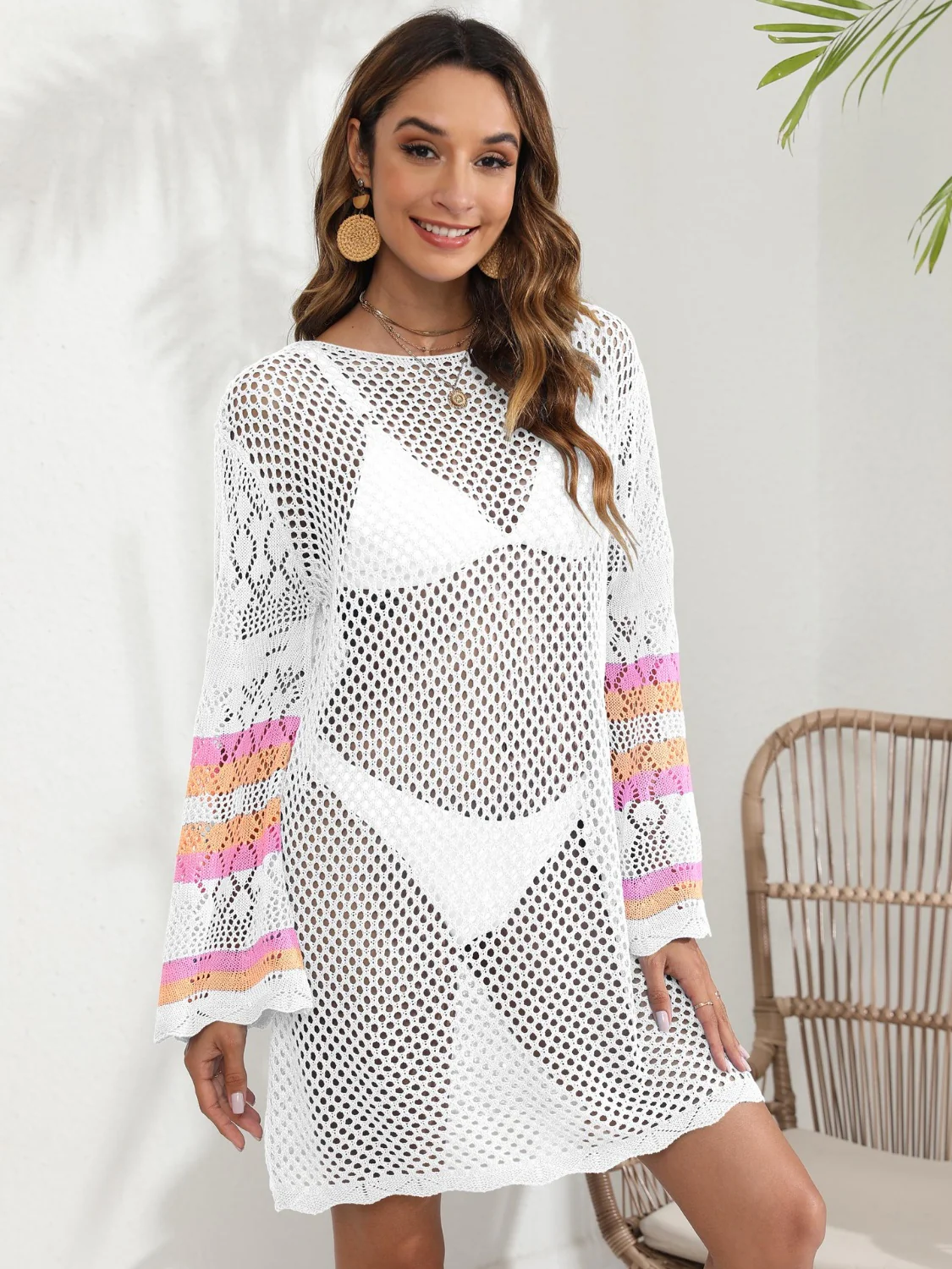 Openwork Contrast Long Sleeve Cover-Up - Image 19