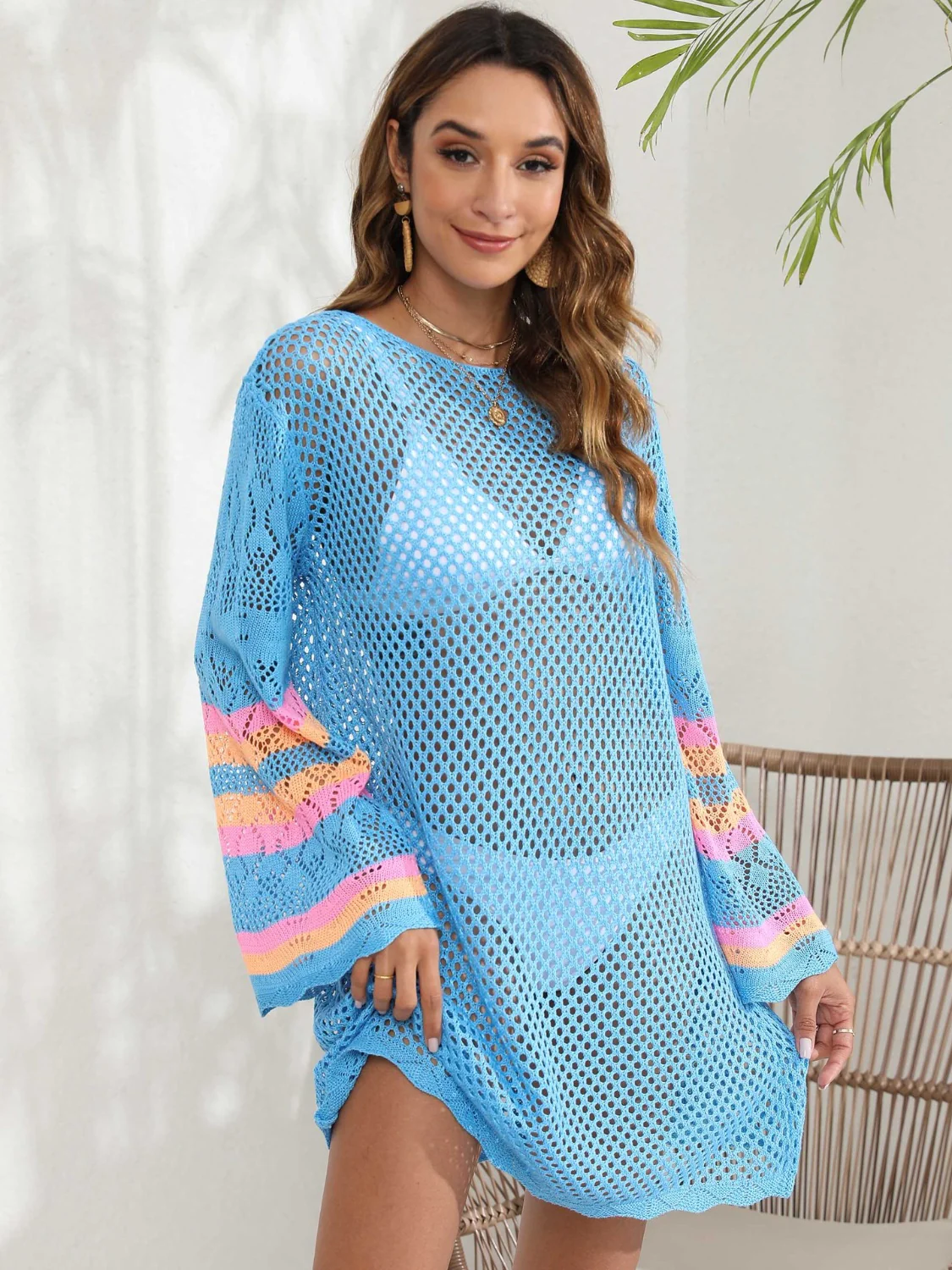 Openwork Contrast Long Sleeve Cover-Up - Image 3