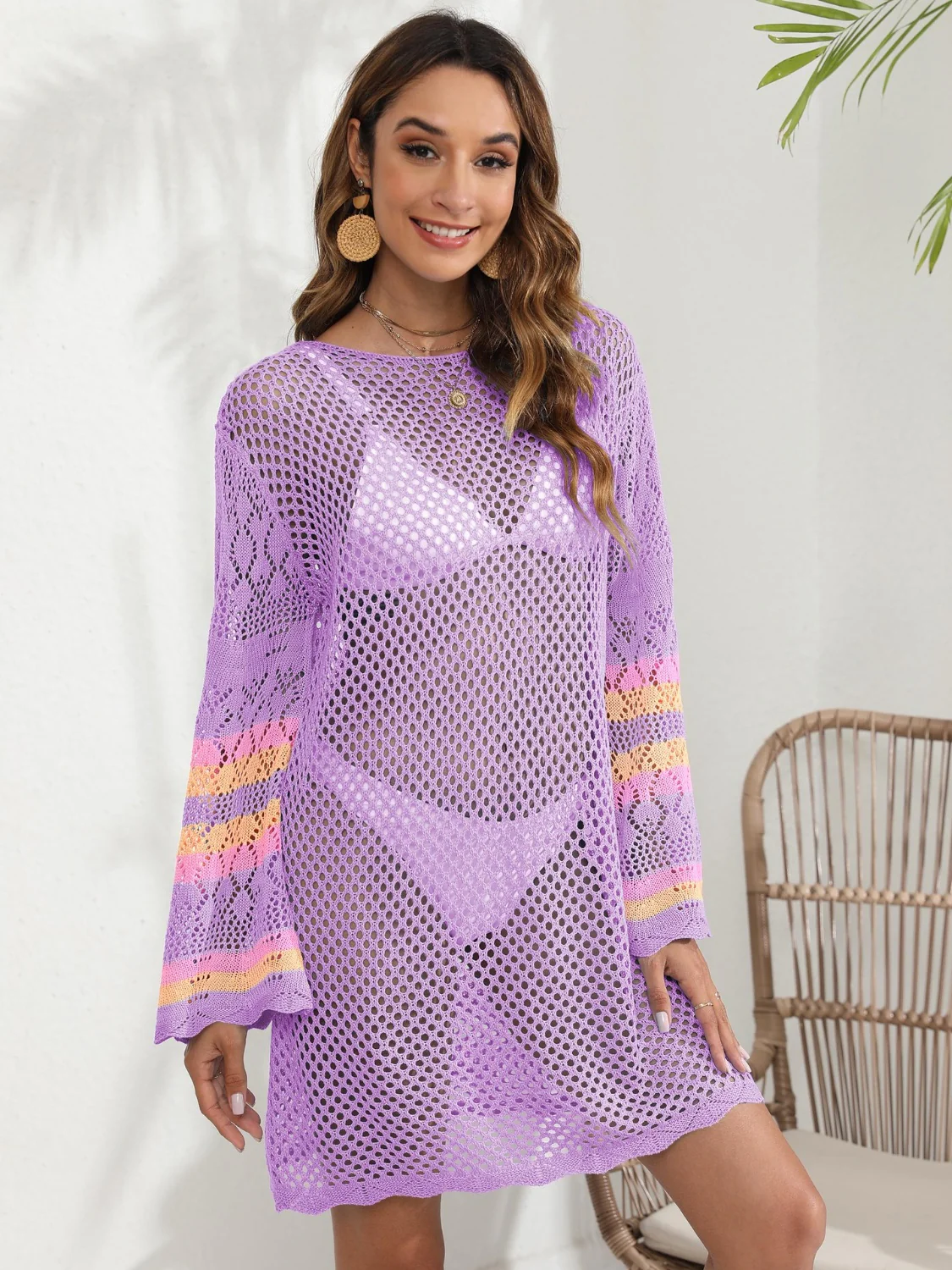 Openwork Contrast Long Sleeve Cover-Up - Image 7