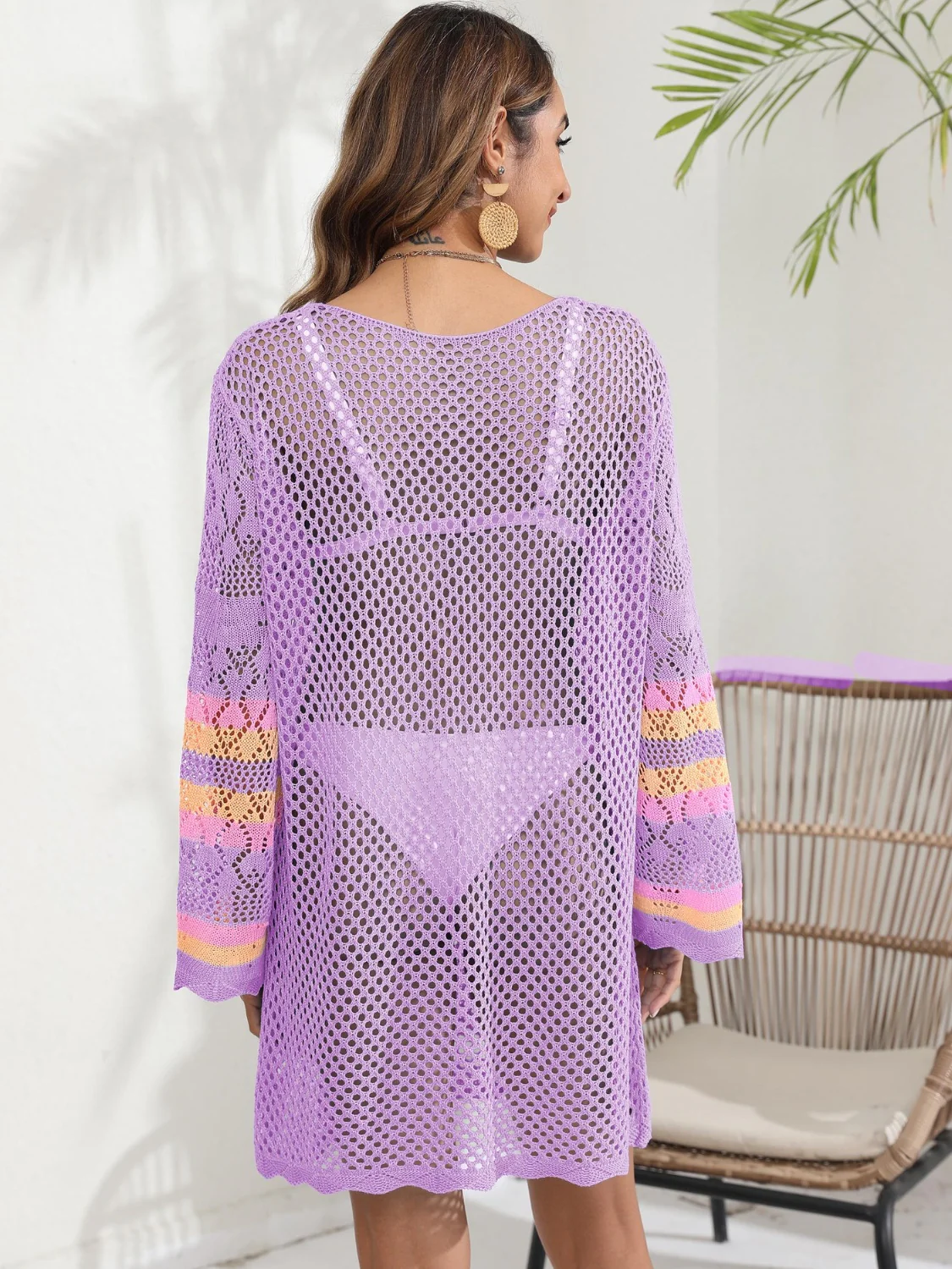 Openwork Contrast Long Sleeve Cover-Up - Image 8