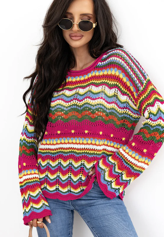 Openwork Contrast Round Neck Flare Sleeve Knit Top - Image 2