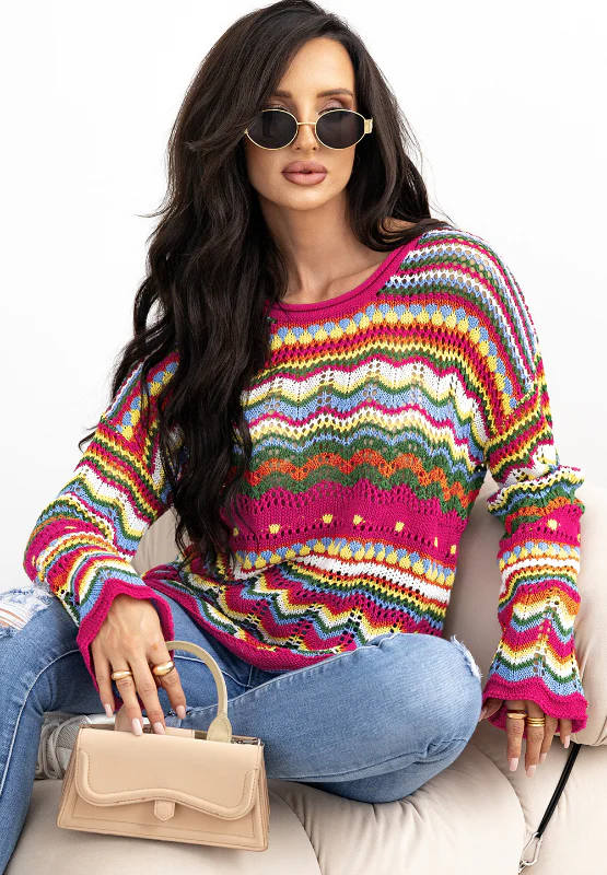 Openwork Contrast Round Neck Flare Sleeve Knit Top - Image 3