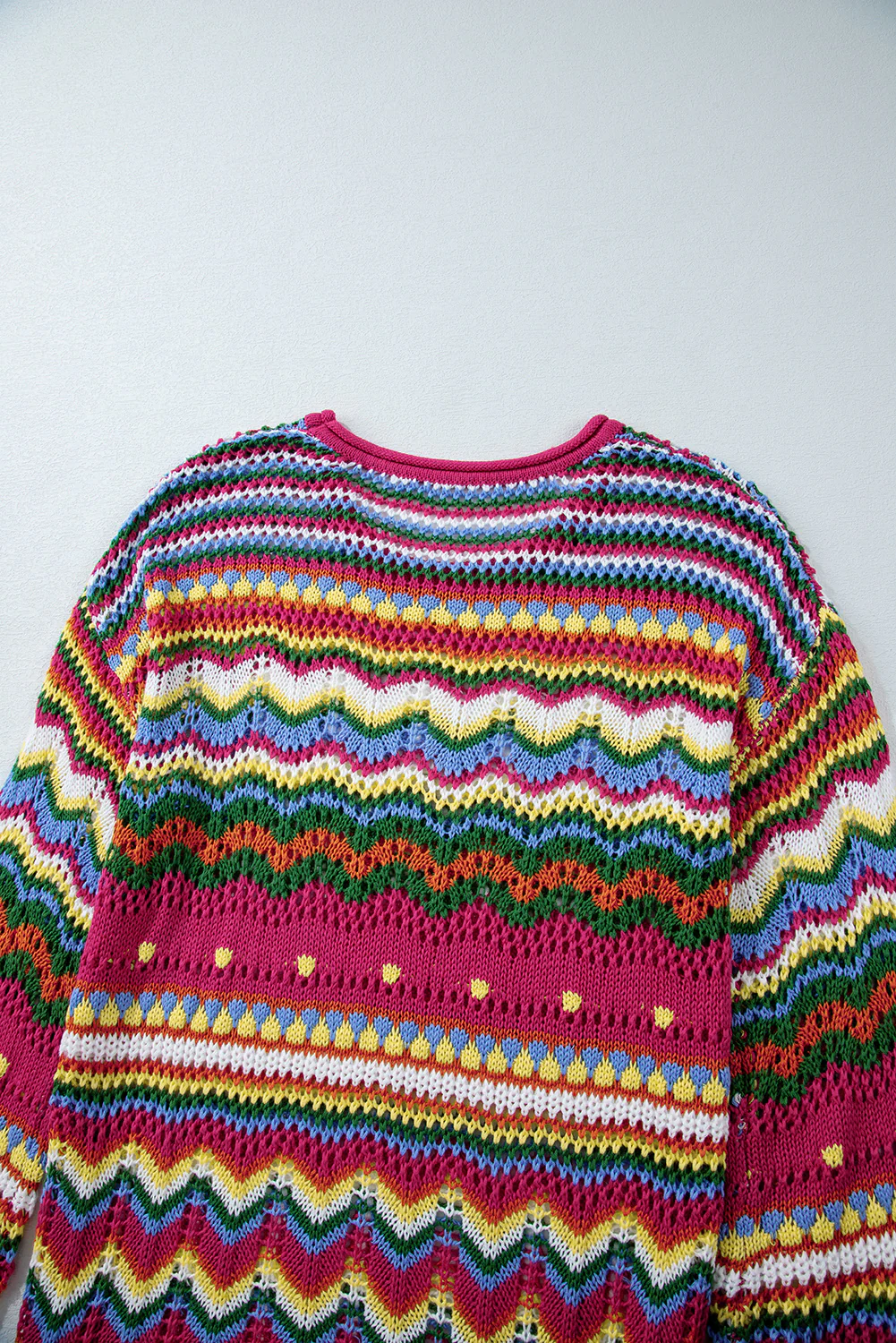 Openwork Contrast Round Neck Flare Sleeve Knit Top - Image 9