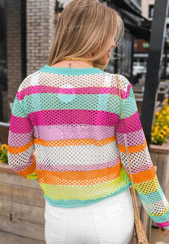 Openwork Contrast Striped Round Neck Knit Top - Image 2