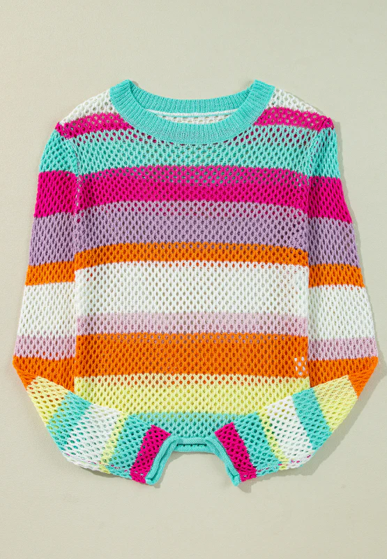 Openwork Contrast Striped Round Neck Knit Top - Image 3