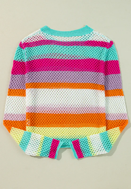 Openwork Contrast Striped Round Neck Knit Top - Image 4