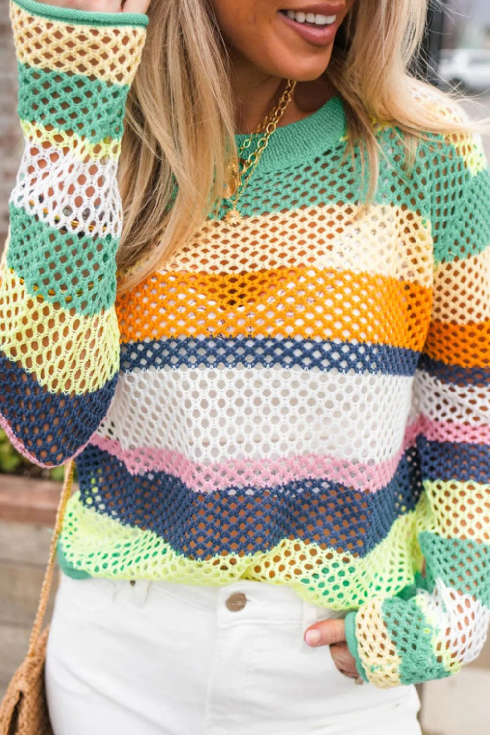 Openwork Contrast Striped Round Neck Knit Top - Image 7