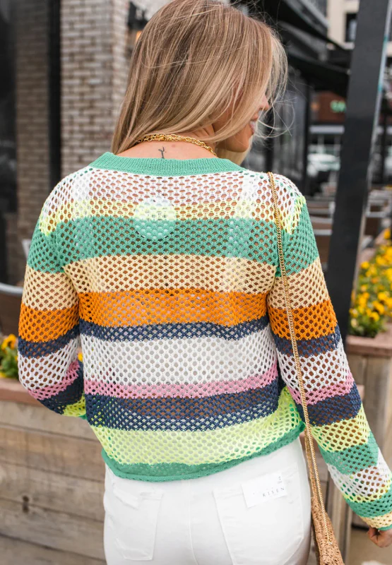Openwork Contrast Striped Round Neck Knit Top - Image 9