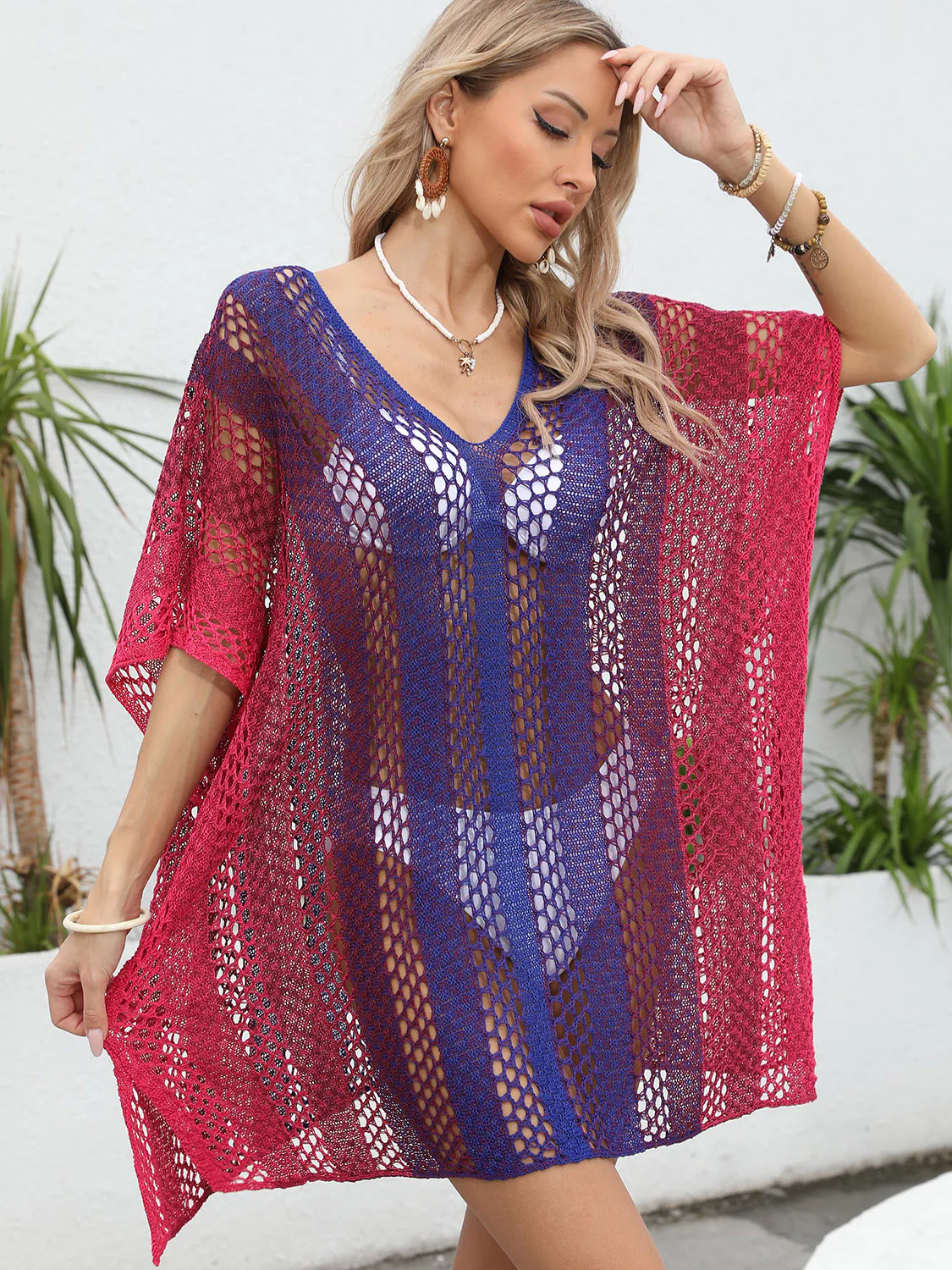 Openwork Contrast V-Neck Cover-Up - Image 8