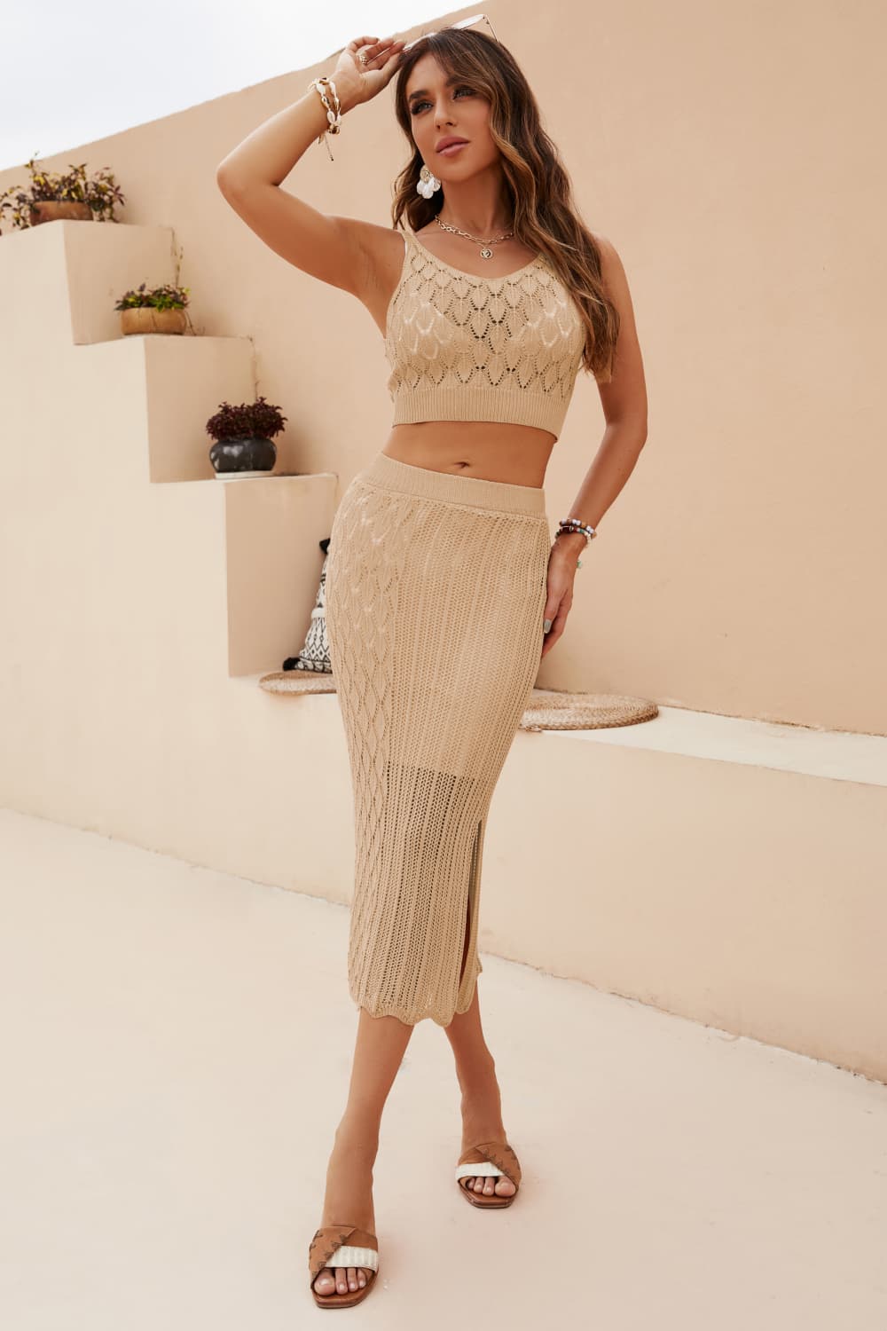 Openwork Cropped Tank and Split Skirt Set - Image 3
