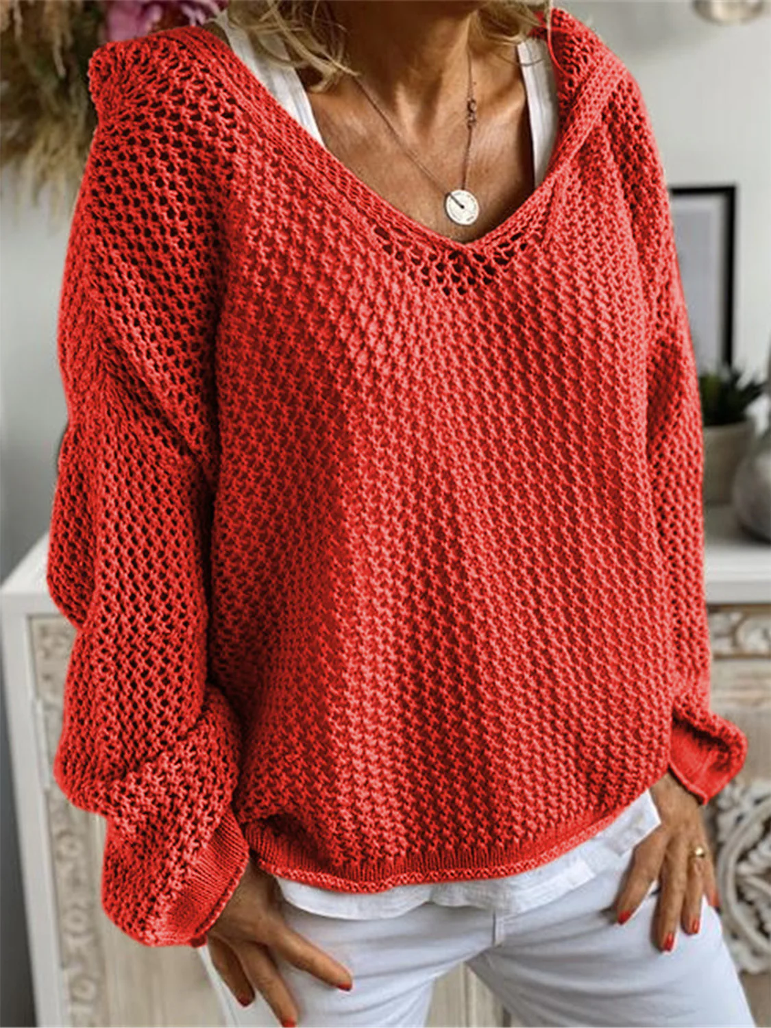 Openwork Hooded Long Sleeve Sweater - Image 13