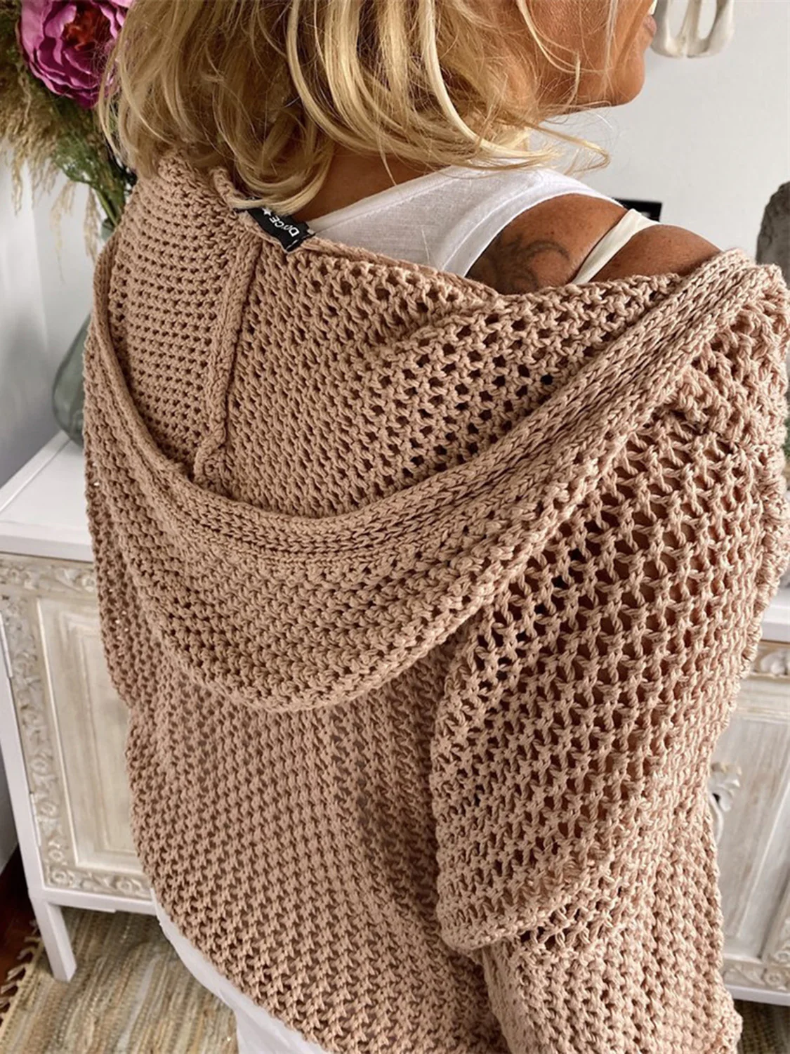 Openwork Hooded Long Sleeve Sweater - Image 2