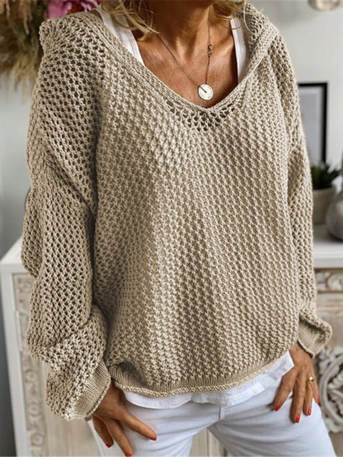 Openwork Hooded Long Sleeve Sweater - Image 4