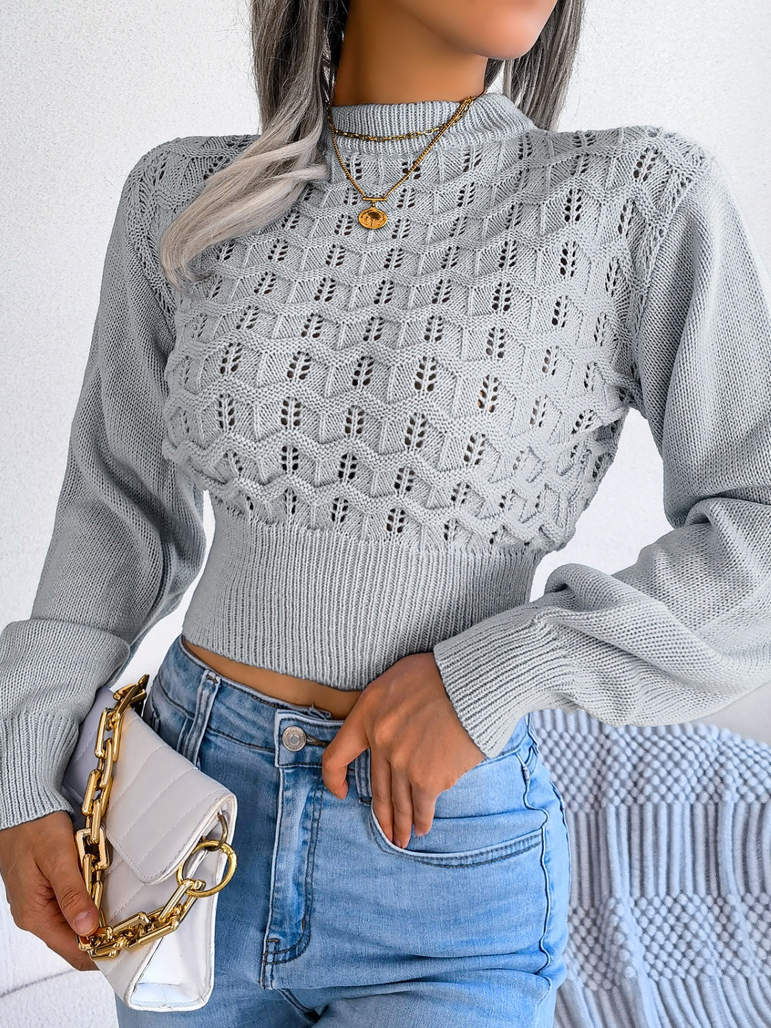 Openwork Mock Neck Long Sleeve Cropped Sweater - Image 11