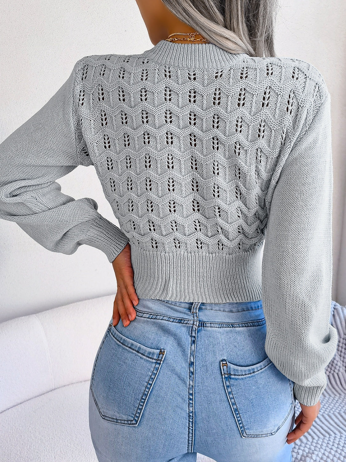Openwork Mock Neck Long Sleeve Cropped Sweater - Image 12
