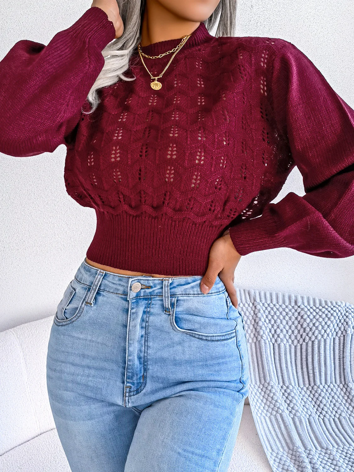 Openwork Mock Neck Long Sleeve Cropped Sweater - Image 3
