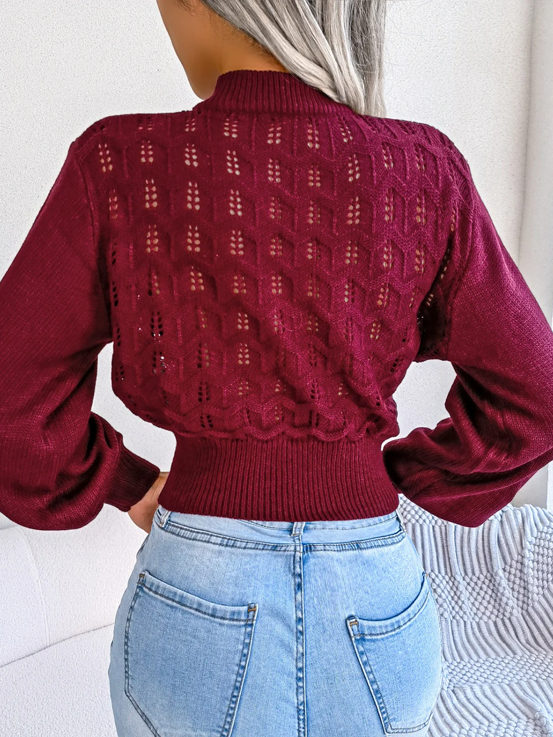 Openwork Mock Neck Long Sleeve Cropped Sweater - Image 4