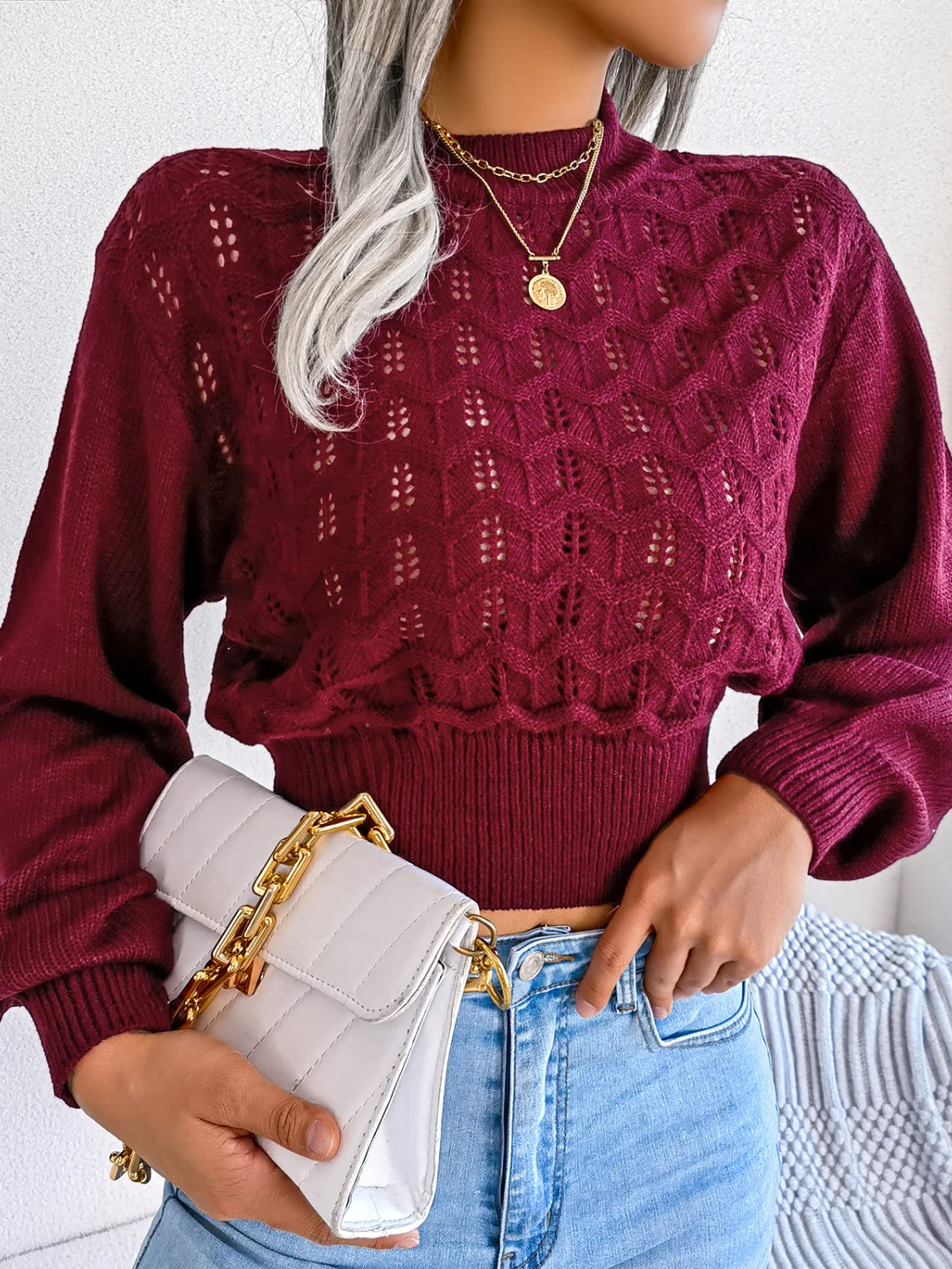 Openwork Mock Neck Long Sleeve Cropped Sweater - Image 5
