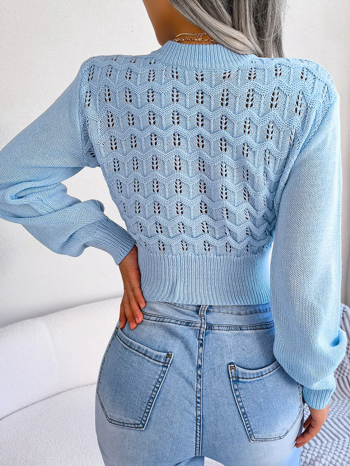 Openwork Mock Neck Long Sleeve Cropped Sweater - Image 8