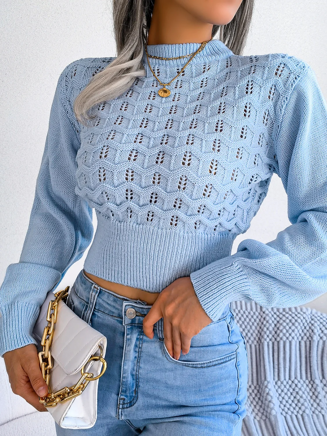 Openwork Mock Neck Long Sleeve Cropped Sweater - Image 9