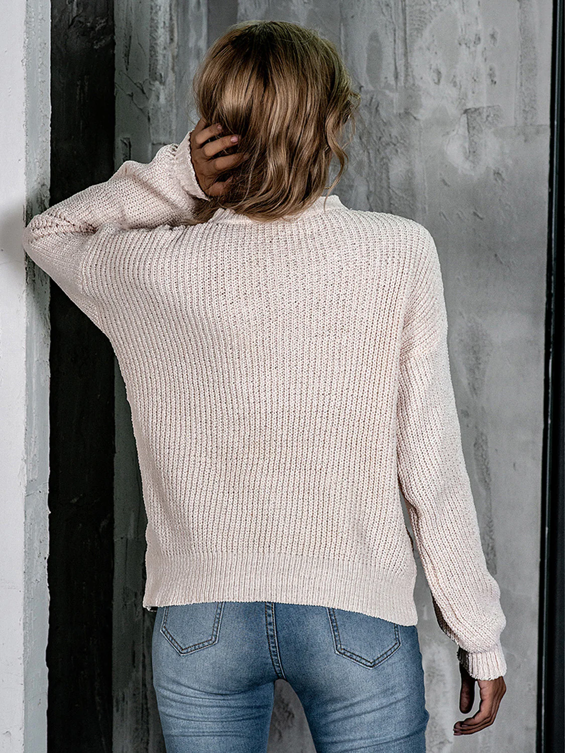 Openwork Mock Neck Long Sleeve Sweater - Image 2