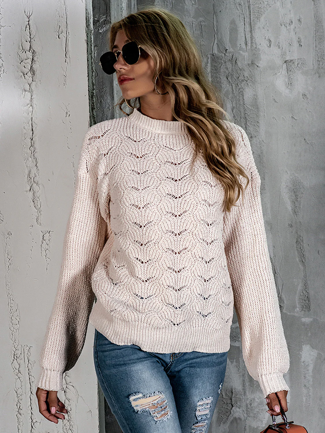 Openwork Mock Neck Long Sleeve Sweater - Image 3