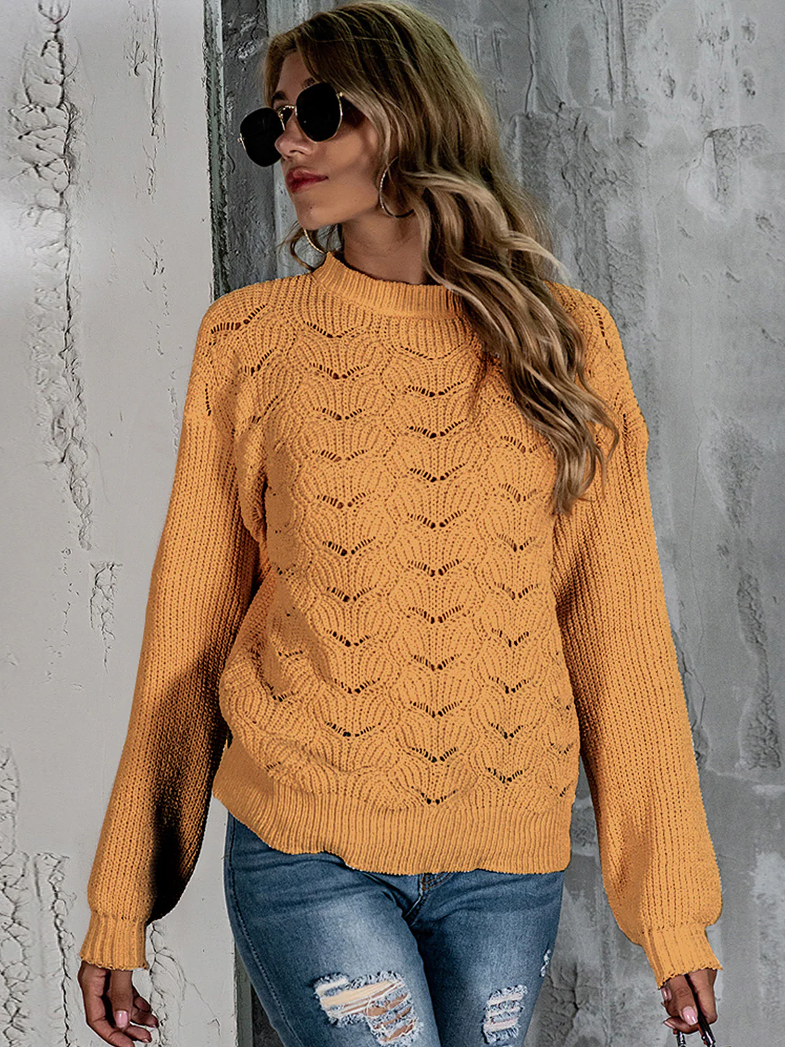 Openwork Mock Neck Long Sleeve Sweater - Image 5