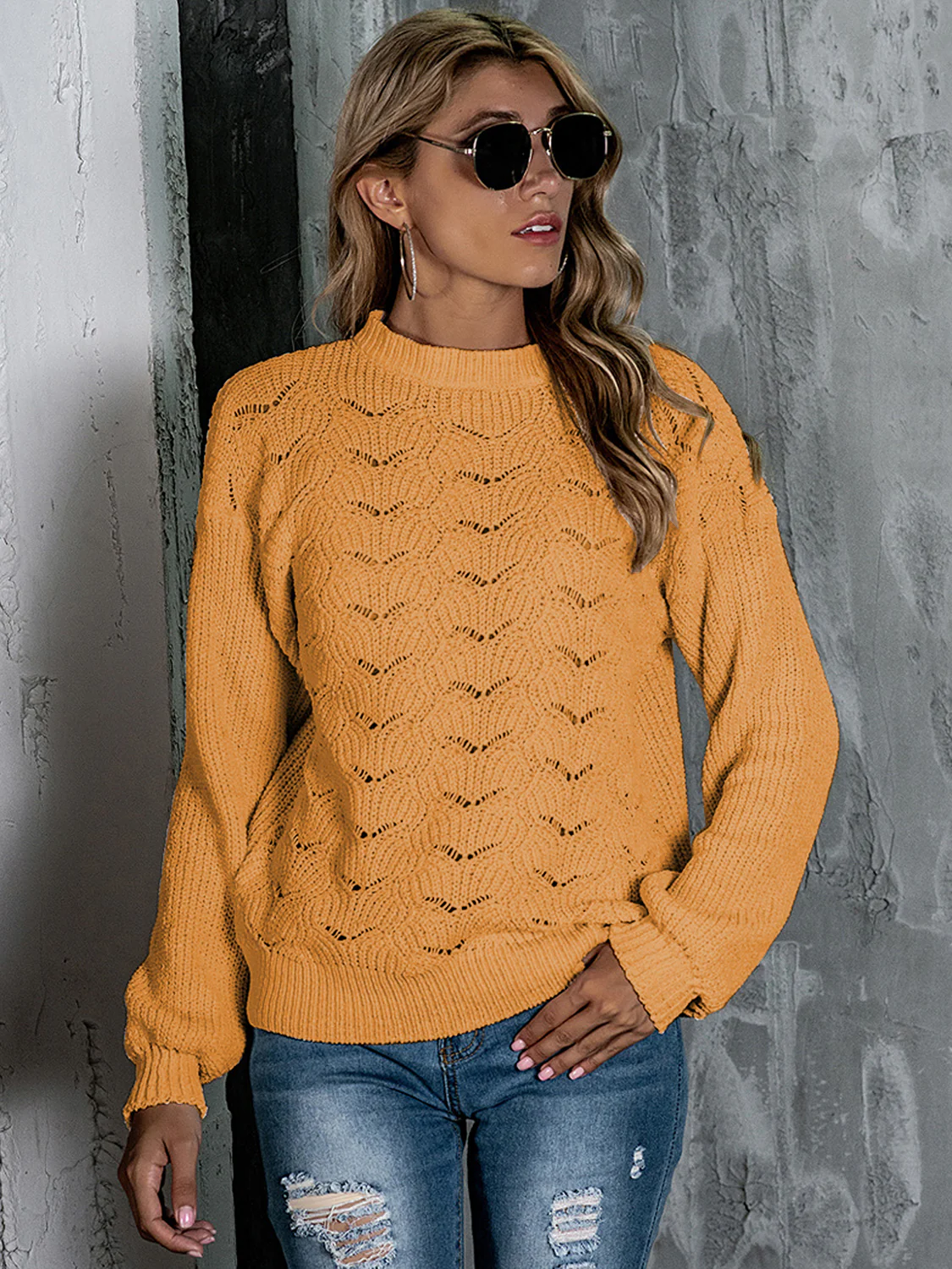 Openwork Mock Neck Long Sleeve Sweater - Image 6