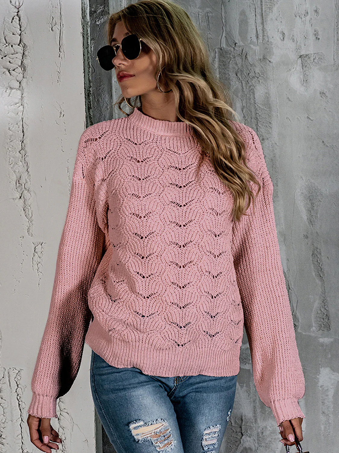 Openwork Mock Neck Long Sleeve Sweater - Image 8