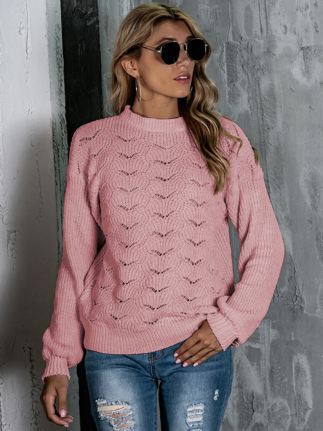 Openwork Mock Neck Long Sleeve Sweater - Image 9