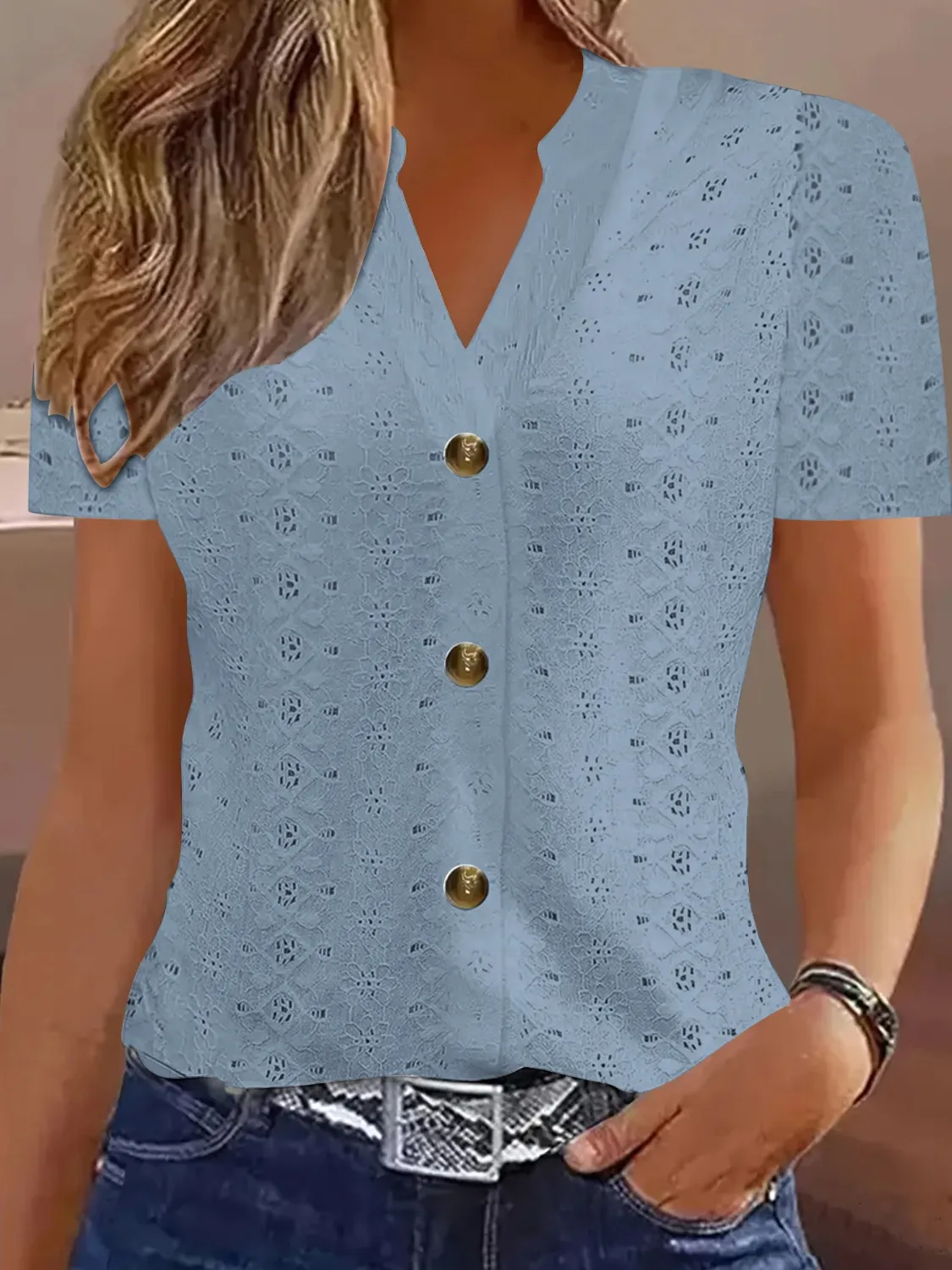 Openwork Notched Short Sleeve Top - Image 10