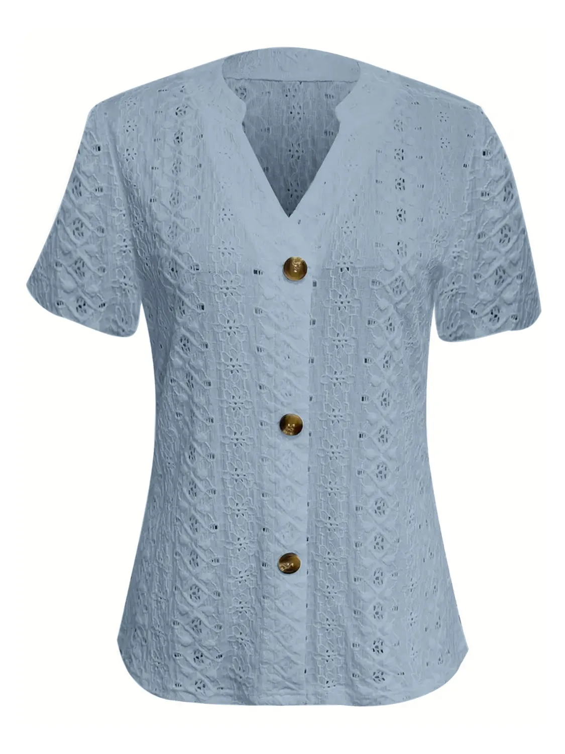 Openwork Notched Short Sleeve Top - Image 11