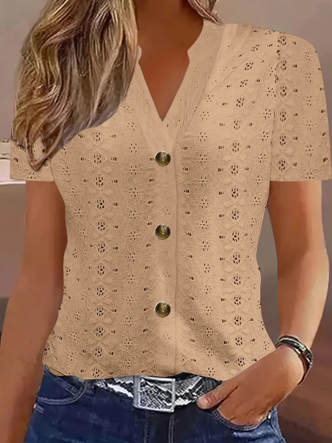 Openwork Notched Short Sleeve Top - Image 13