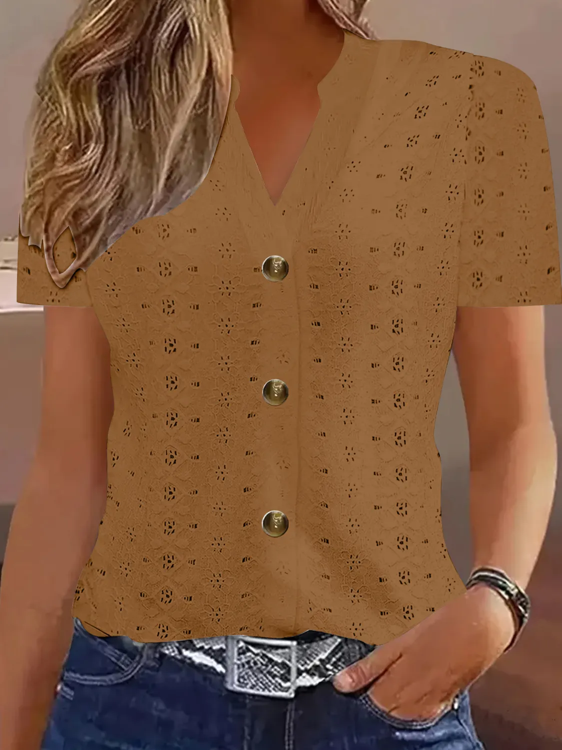 Openwork Notched Short Sleeve Top - Image 4
