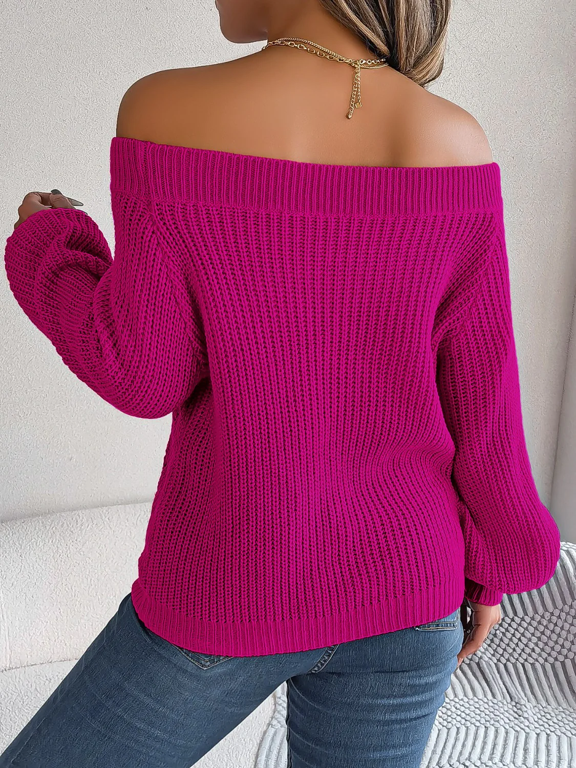 Openwork Off-Shoulder Long Sleeve Sweater - Image 2