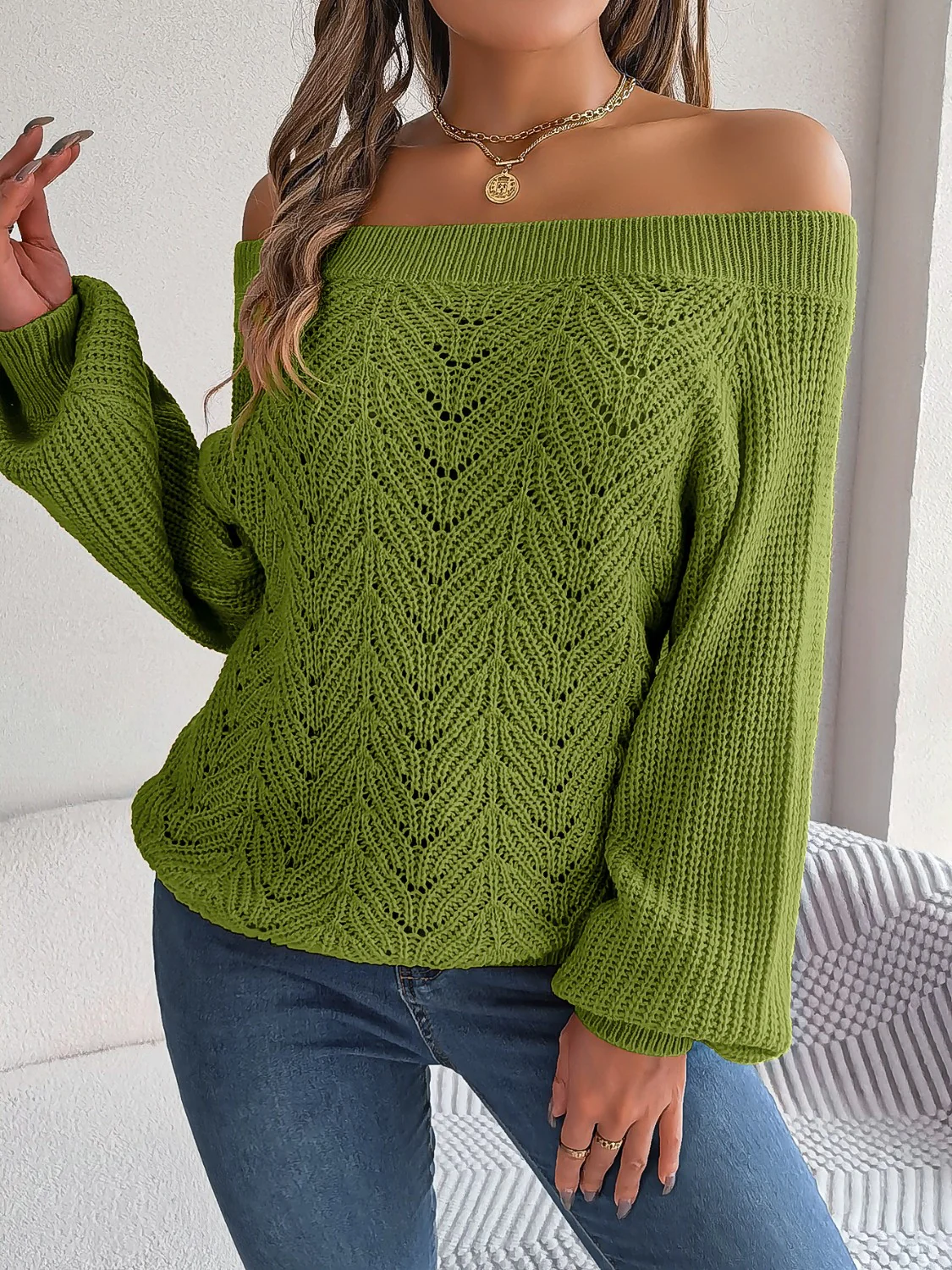 Openwork Off-Shoulder Long Sleeve Sweater - Image 6
