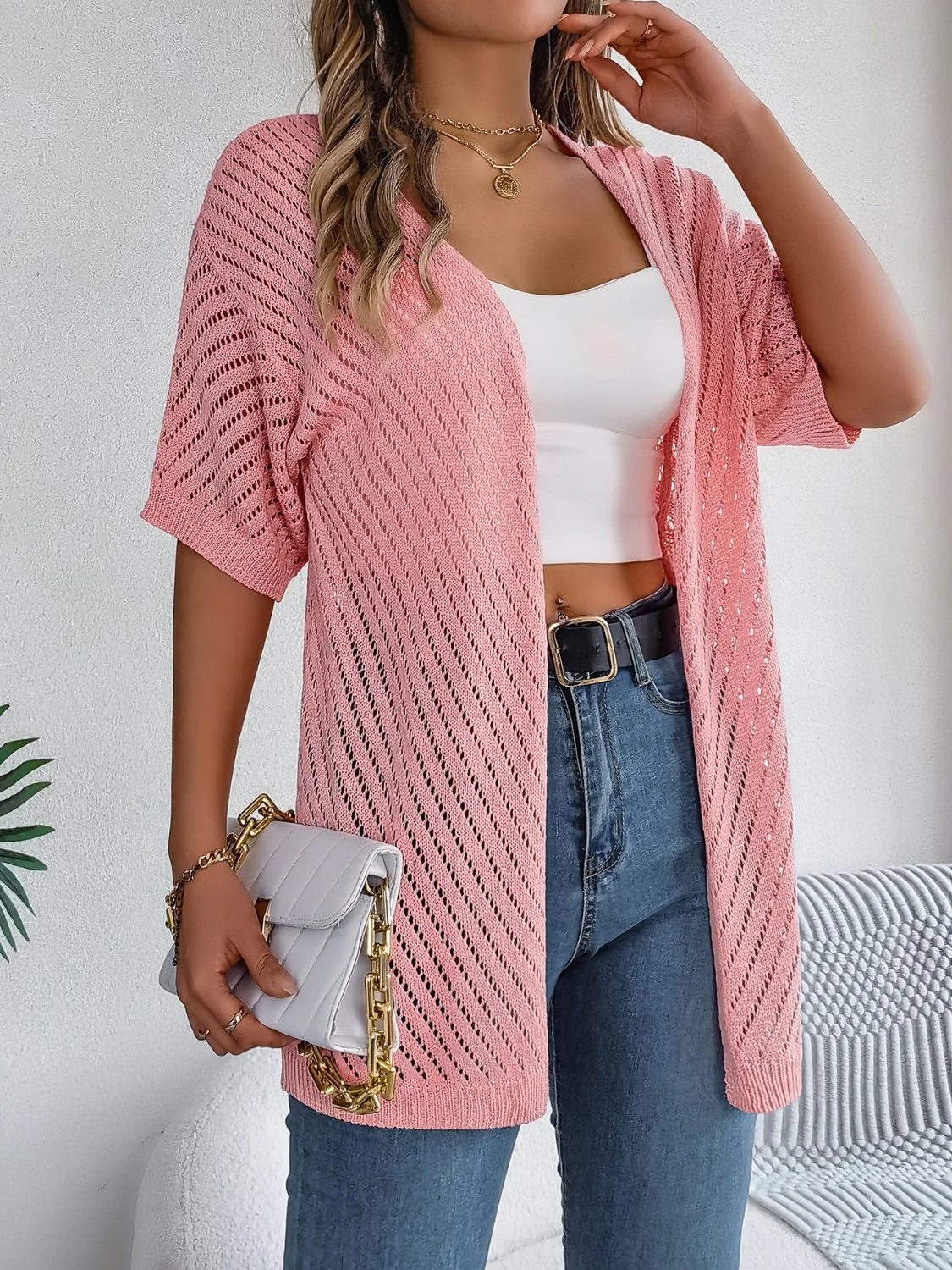 Openwork Open Front Half Sleeve Cardigan - Image 11