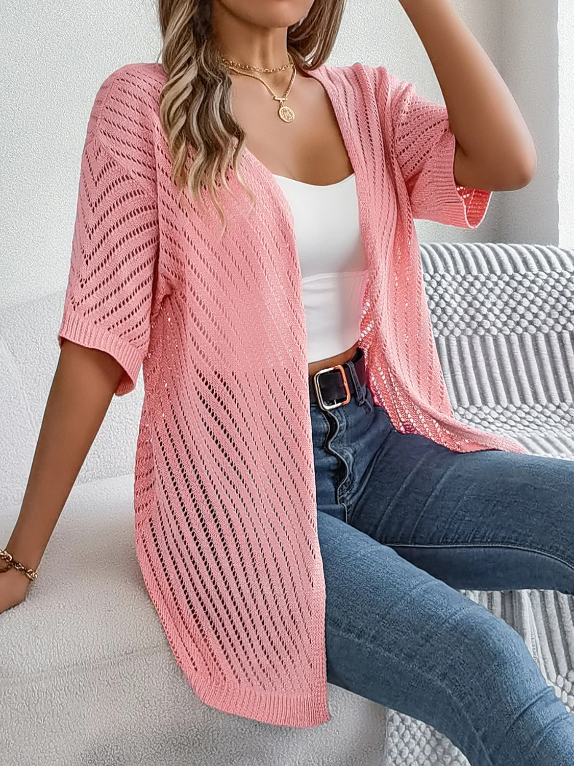 Openwork Open Front Half Sleeve Cardigan - Image 13