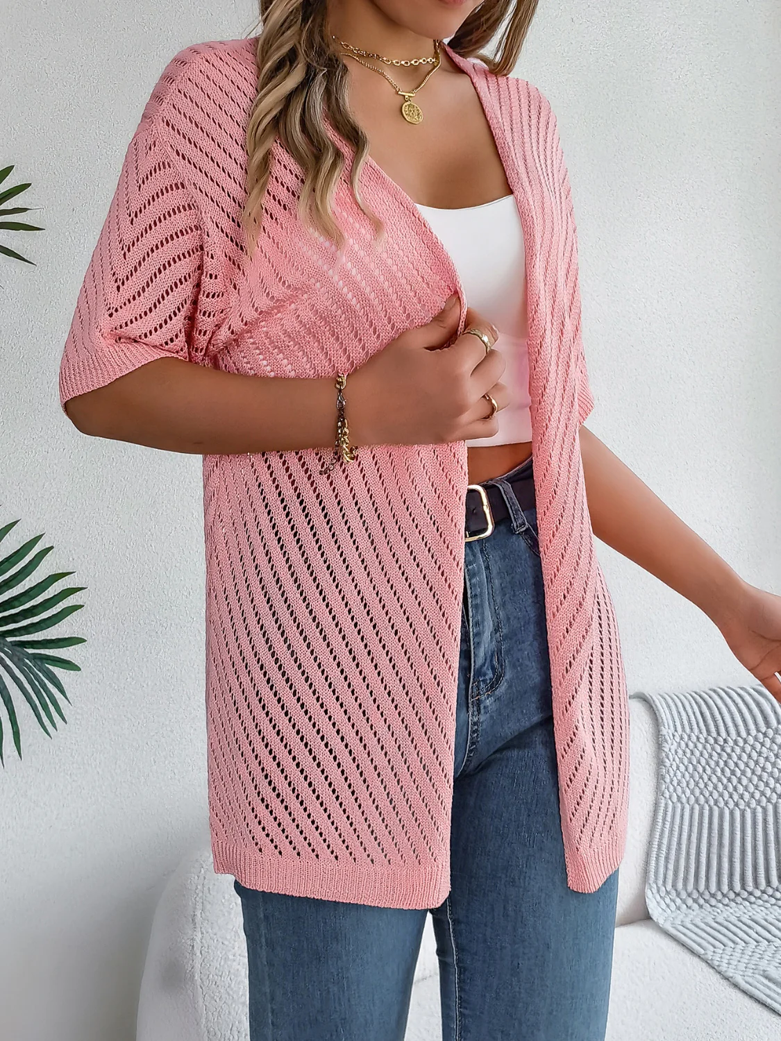 Openwork Open Front Half Sleeve Cardigan - Image 14