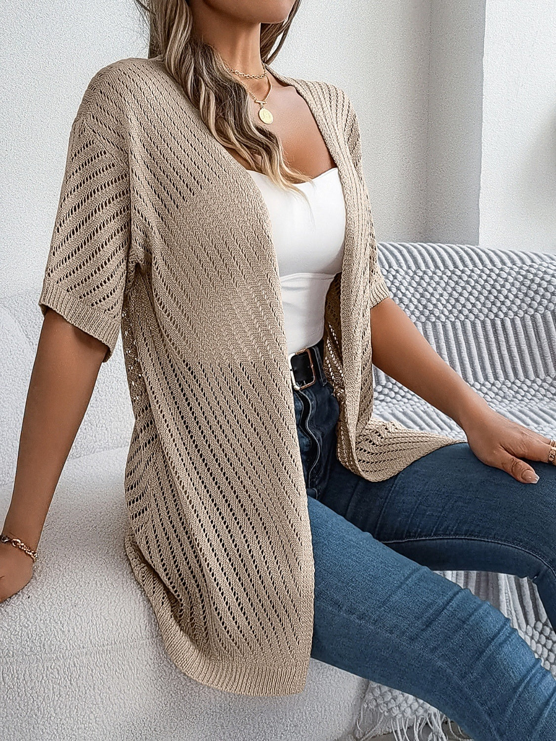 Openwork Open Front Half Sleeve Cardigan - Image 3