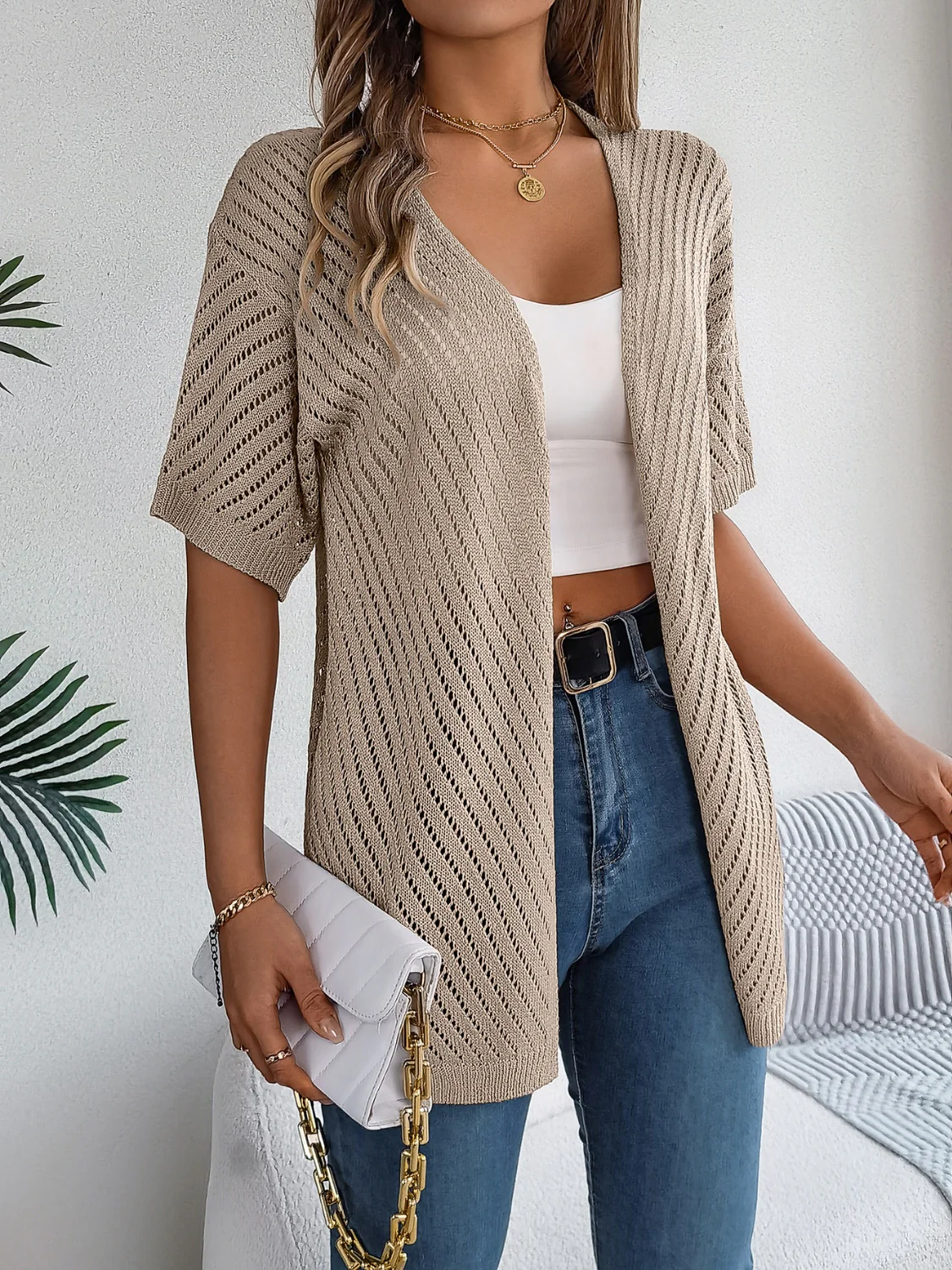 Openwork Open Front Half Sleeve Cardigan - Image 4
