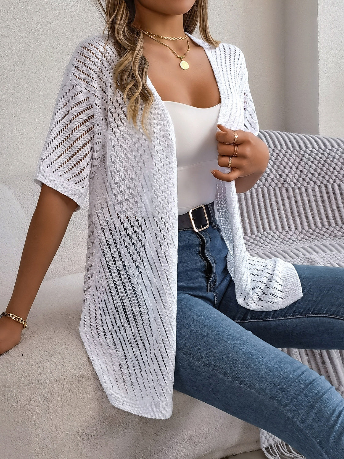 Openwork Open Front Half Sleeve Cardigan - Image 7