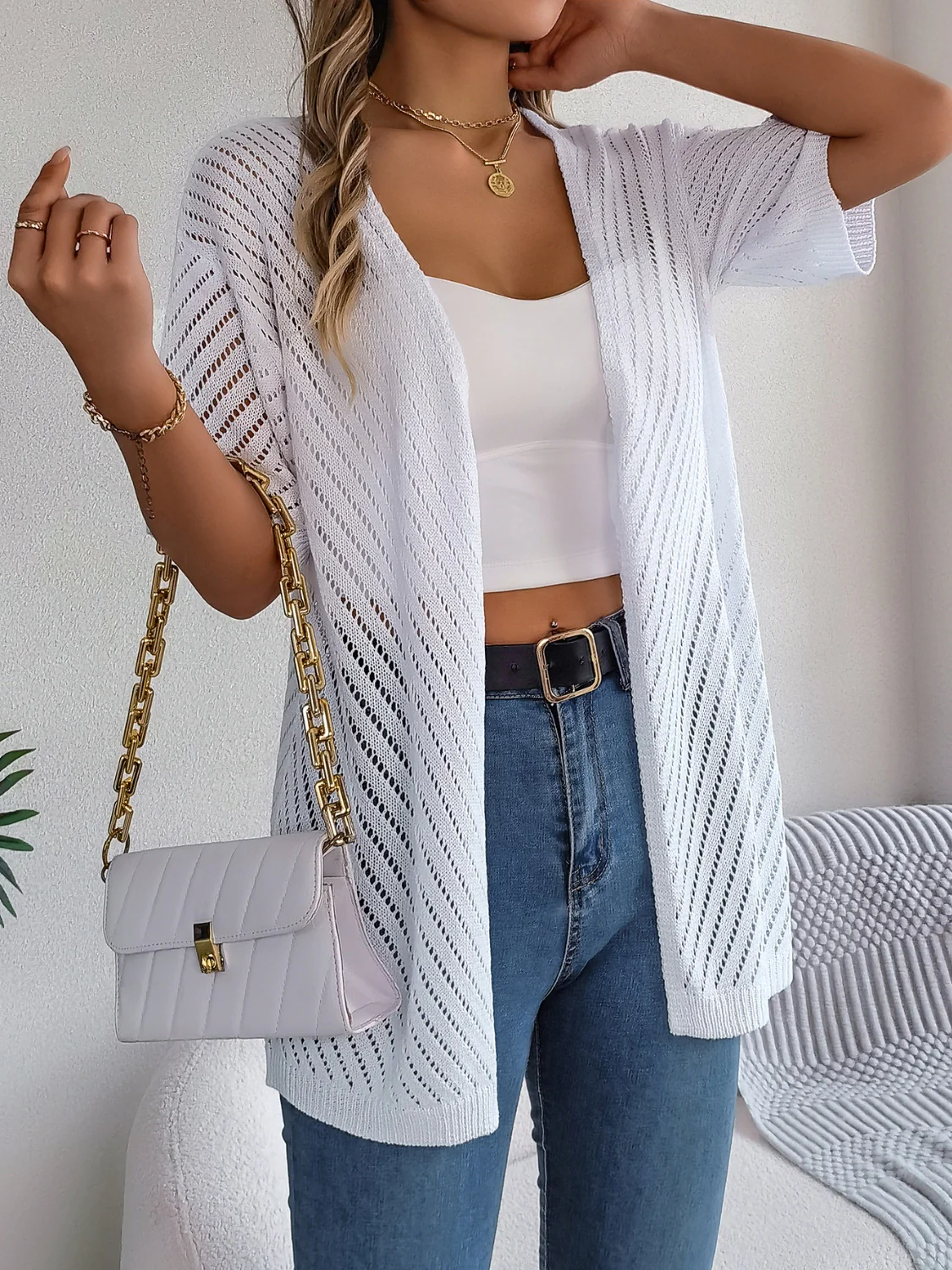 Openwork Open Front Half Sleeve Cardigan - Image 8